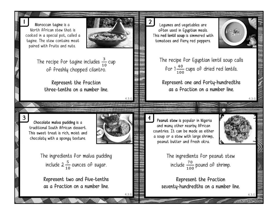 Black-and-white task cards 1–4 use recipe fractions 3/10, 1 40/100, 2 5/10, and 70/100 for number line practice