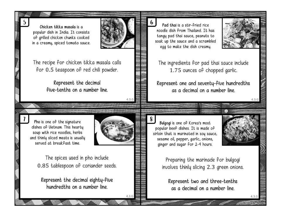 Black-and-white task cards 5–8 use recipe decimals 0.5, 1.75, 0.85, and 2.3 for number line practice