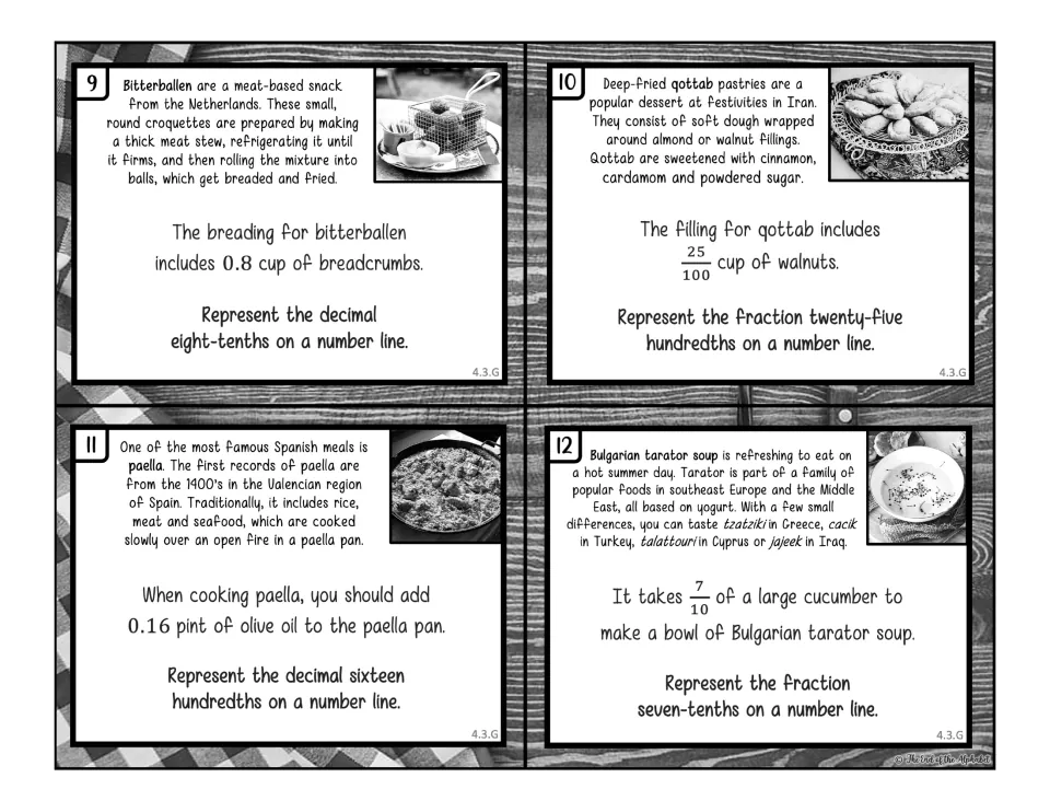Black-and-white task cards 9–12 use recipe values 0.8, 25/100, 0.16, and 7/10 for number line practice