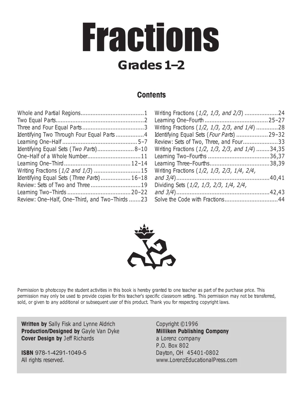 Contents of the Fractions workbook: 44 pages from whole regions and halves to thirds, fourths and a fraction code puzzle