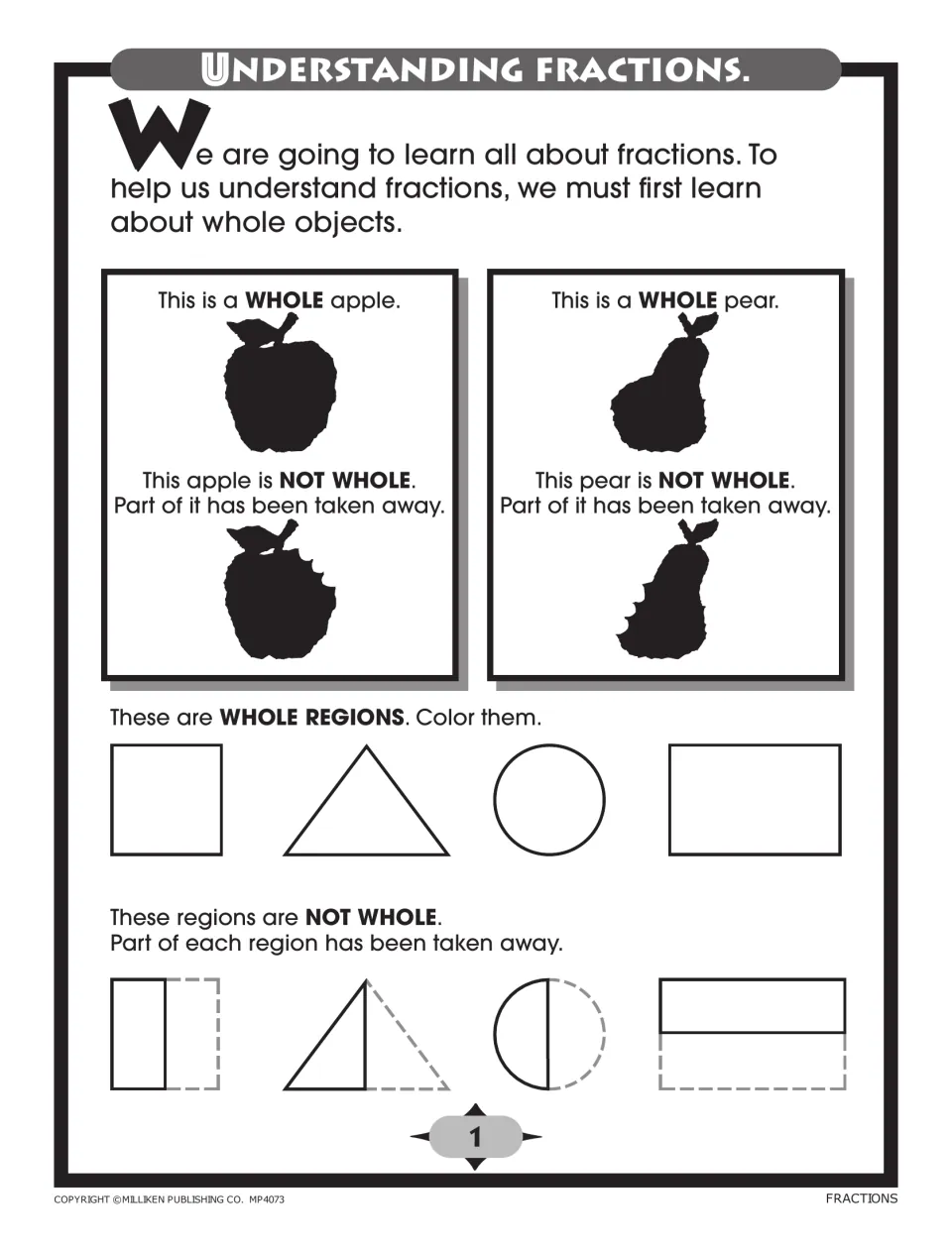 Whole vs. not whole: students compare a whole and bitten apple and pear, then color whole shapes beside partial regions