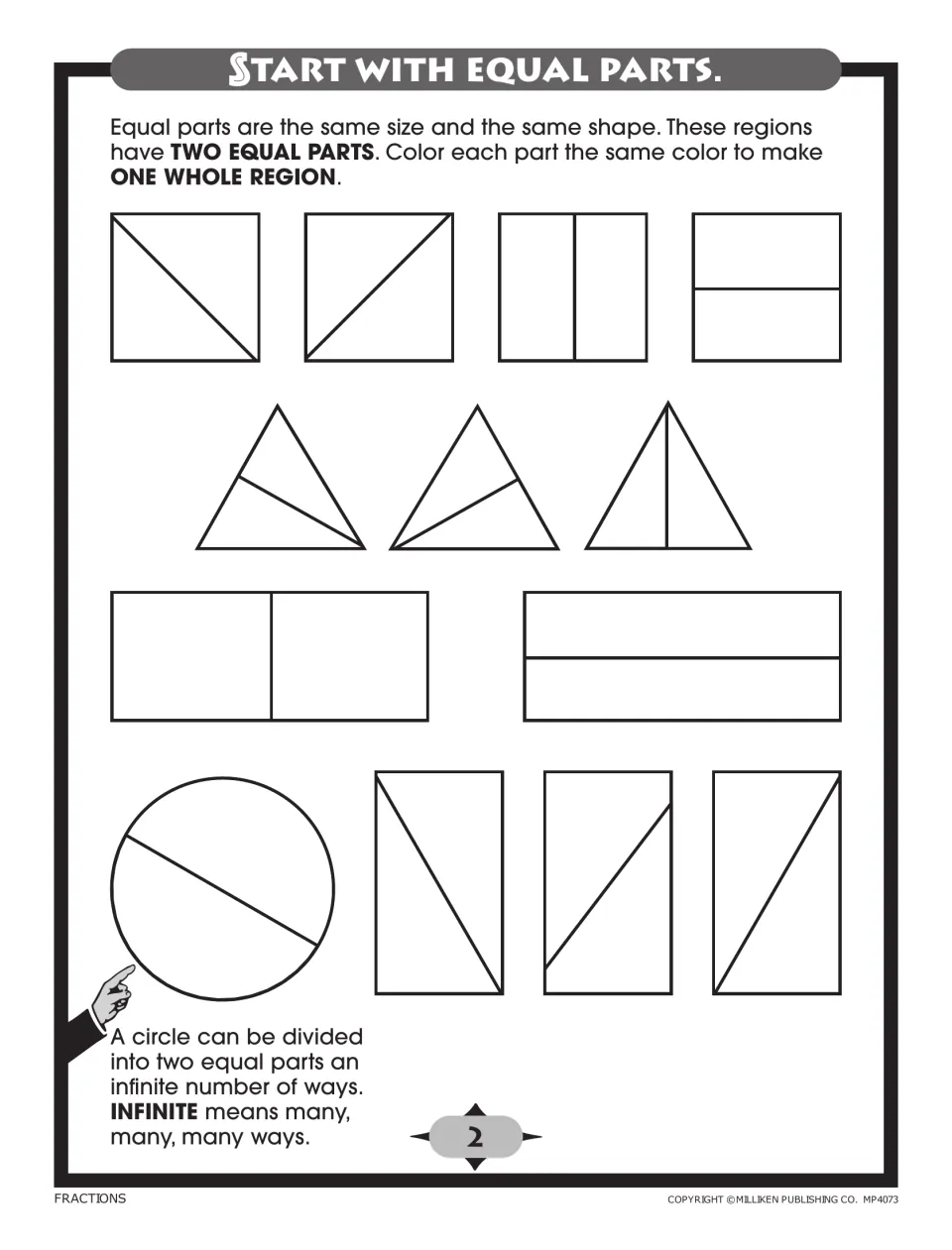 Two equal parts: students color both halves of squares, triangles, rectangles and a circle split in different ways