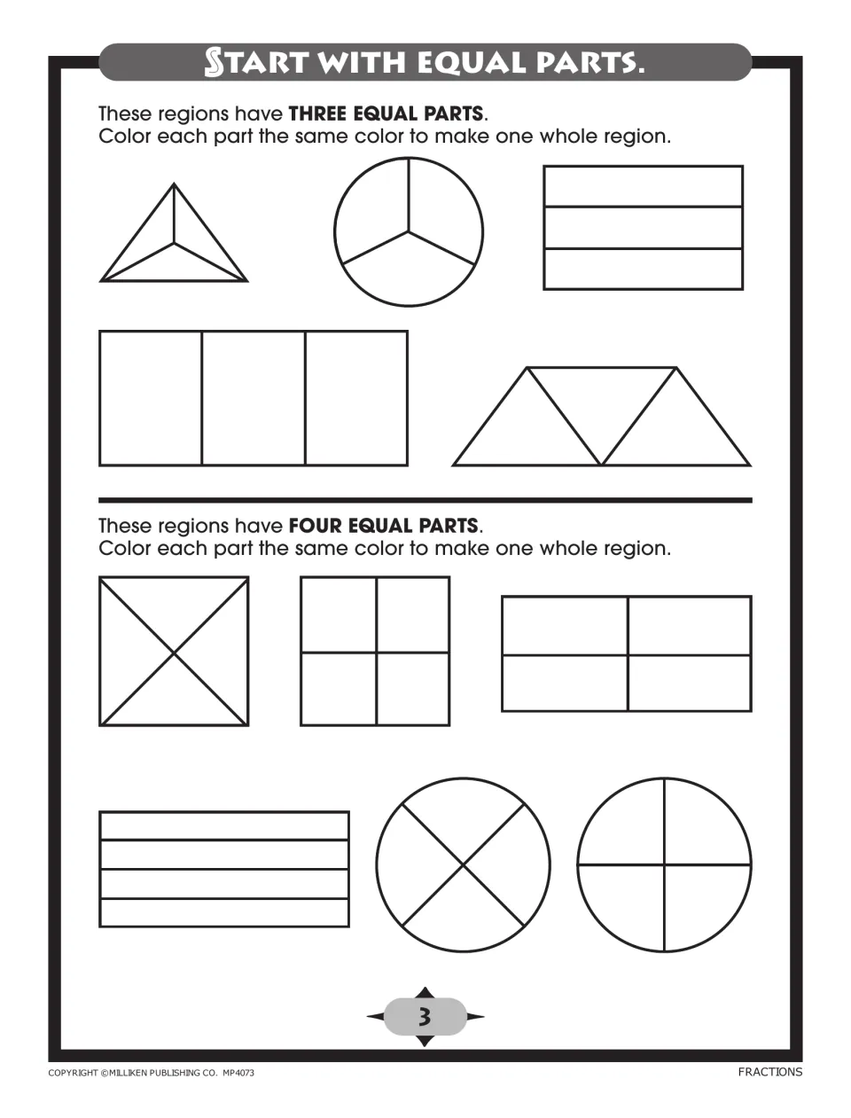 Three and four equal parts: students color each part of triangles, circles and rectangles split into thirds or fourths