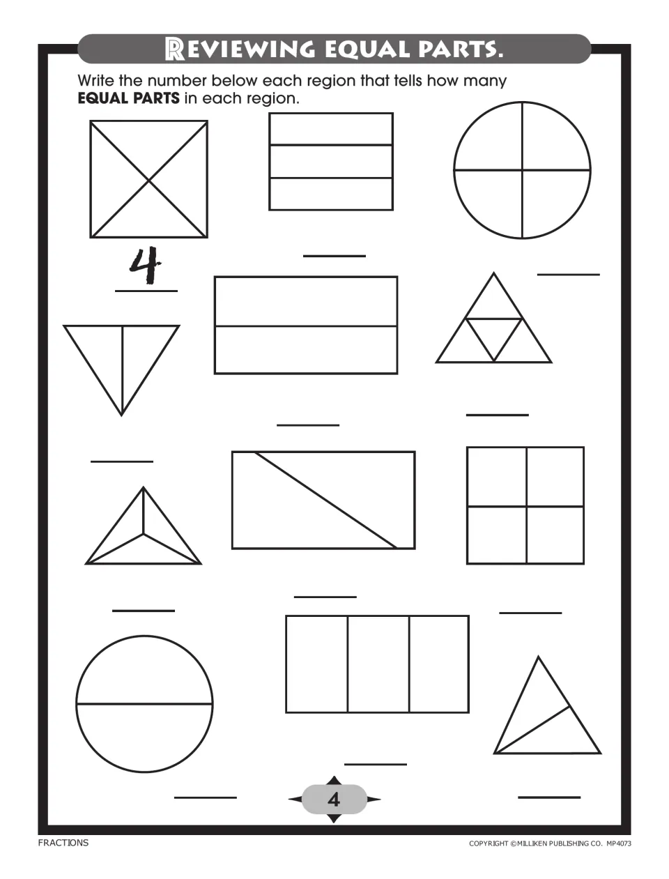 Reviewing equal parts: students write 2, 3 or 4 under each shape to tell how many equal parts it has, one example done