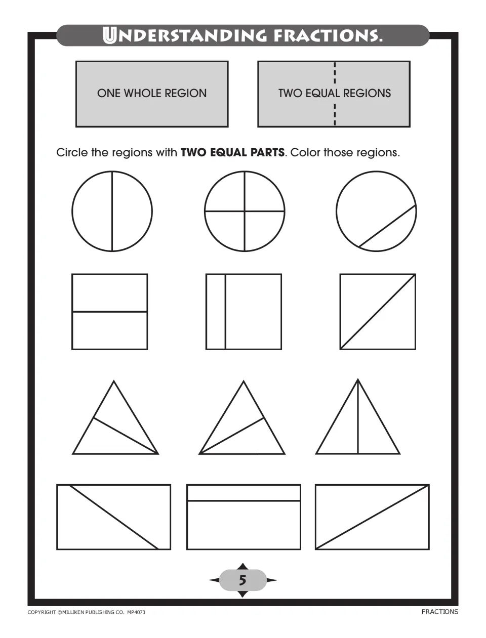 Identifying halves: students circle and color the circles, squares, triangles and rectangles split into two equal parts
