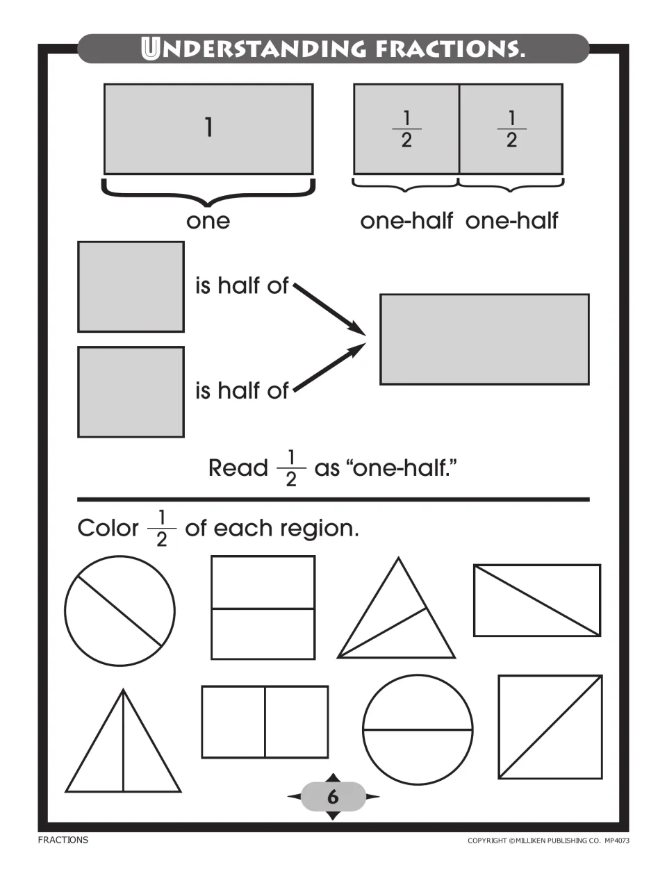 One-half: shows 1 split into two 1/2 parts and reading 1/2 as one-half, then students color 1/2 of eight shapes
