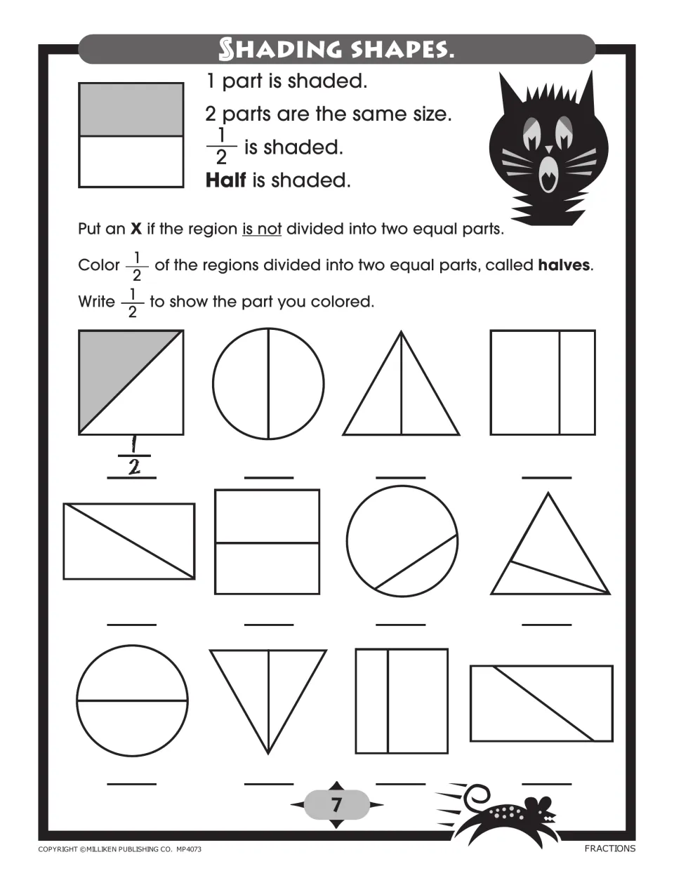 Shading halves: students mark X on shapes not split into two equal parts, color 1/2 of the others and write 1/2 below