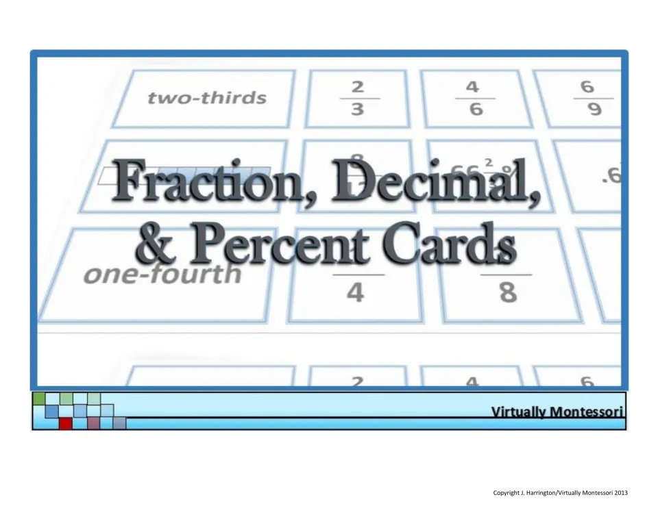 Cover of Fraction, Decimal, & Percent Cards by Virtually Montessori over a faded photo of word, fraction and decimal cards