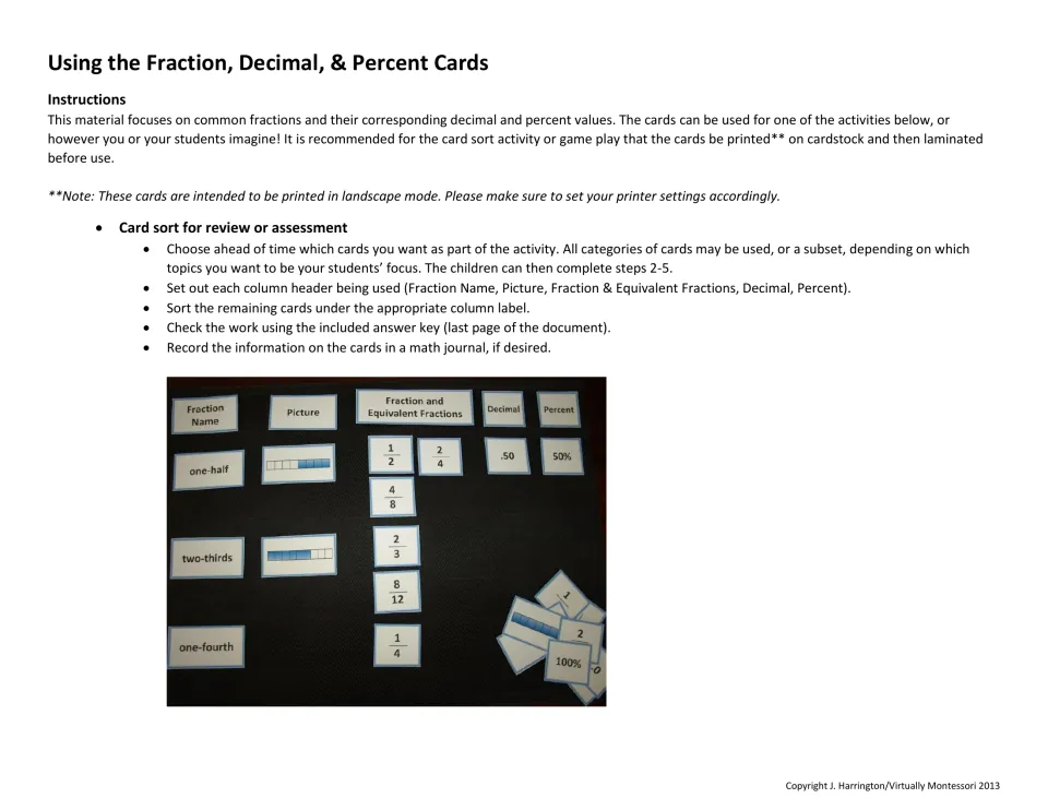 Card sort directions: students match fraction names, bar pictures, equivalent fractions, decimals and percents in columns