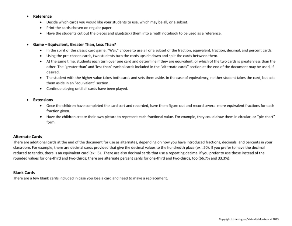 Game and extension directions: a War-style greater than/less than game, notebook reference use, alternate and blank cards