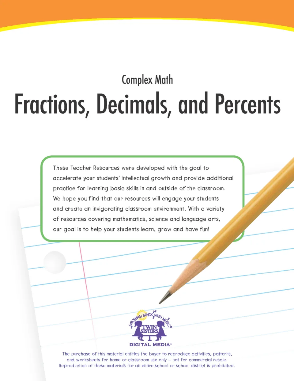 Cover of Complex Math: Fractions, Decimals, and Percents from Twin Sisters, with a pencil on notebook paper