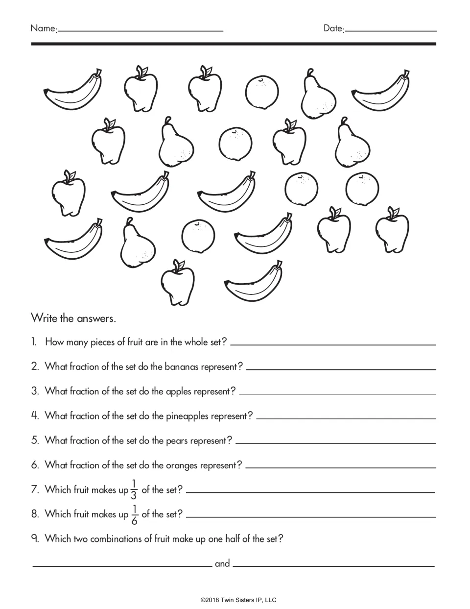 Fractions of a set: students count bananas, apples, pears and oranges in a fruit picture and answer 9 fraction questions