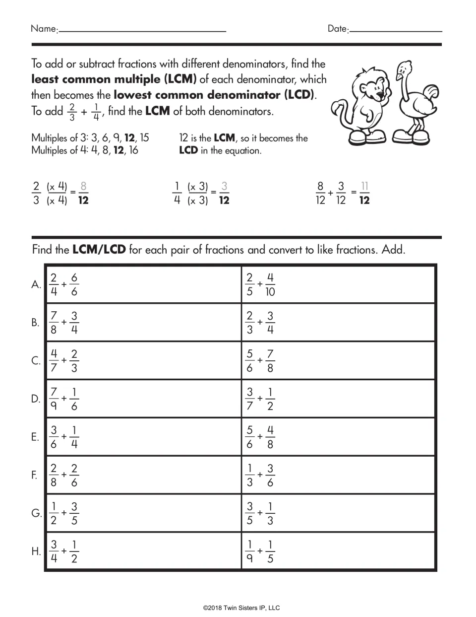 Least common multiple and lowest common denominator: worked example of 2/3 + 1/4, then 16 pairs to convert and add