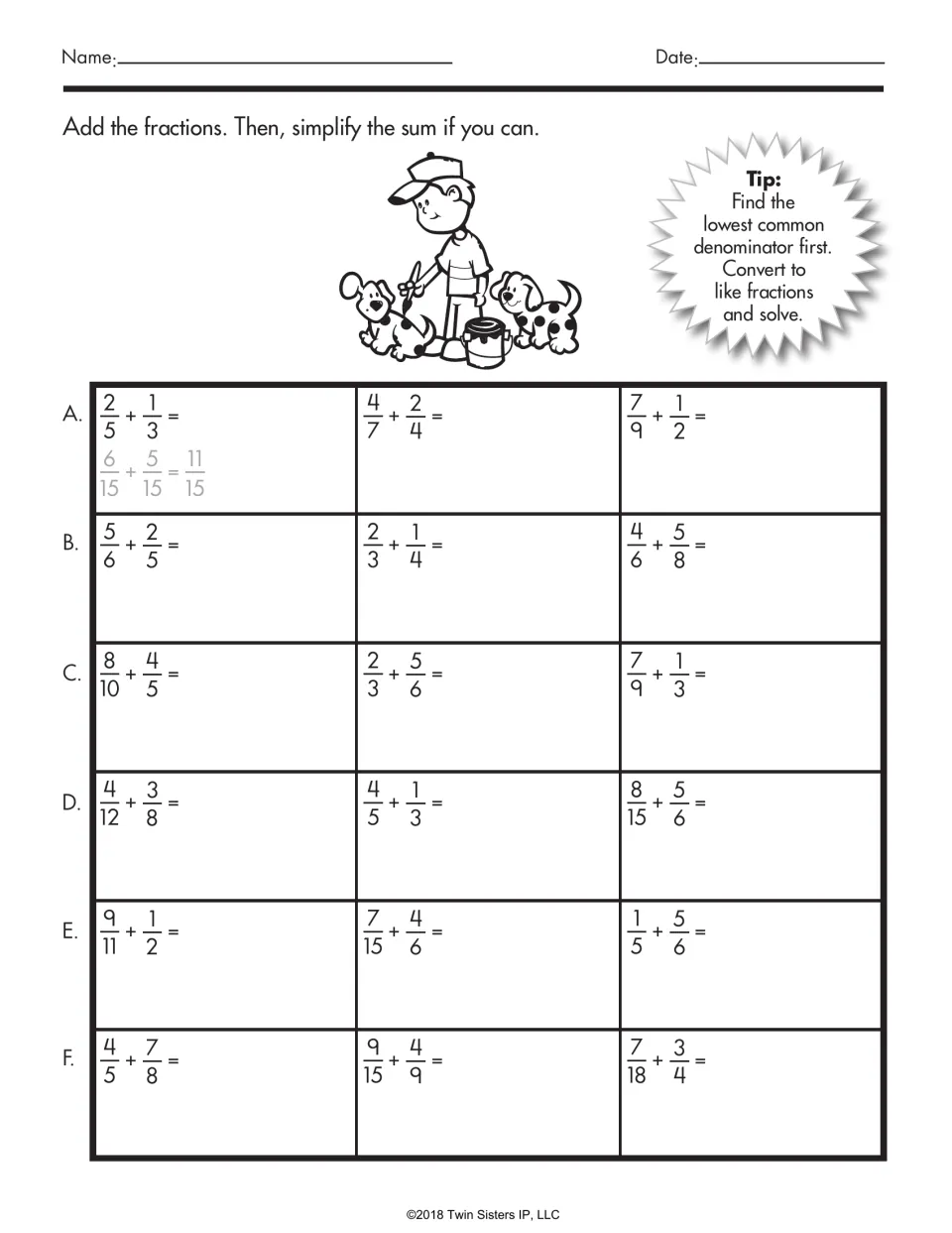 Adding unlike fractions: students find the lowest common denominator, add 18 pairs and simplify, with a worked first item