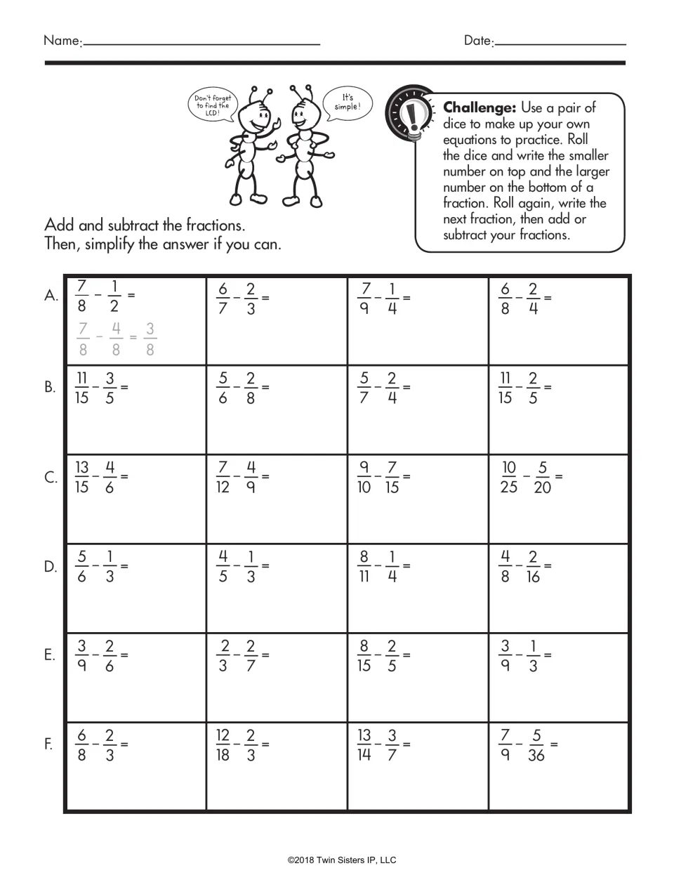 Subtracting unlike fractions: students solve 24 problems such as 7/8 - 1/2 and simplify, plus a dice challenge