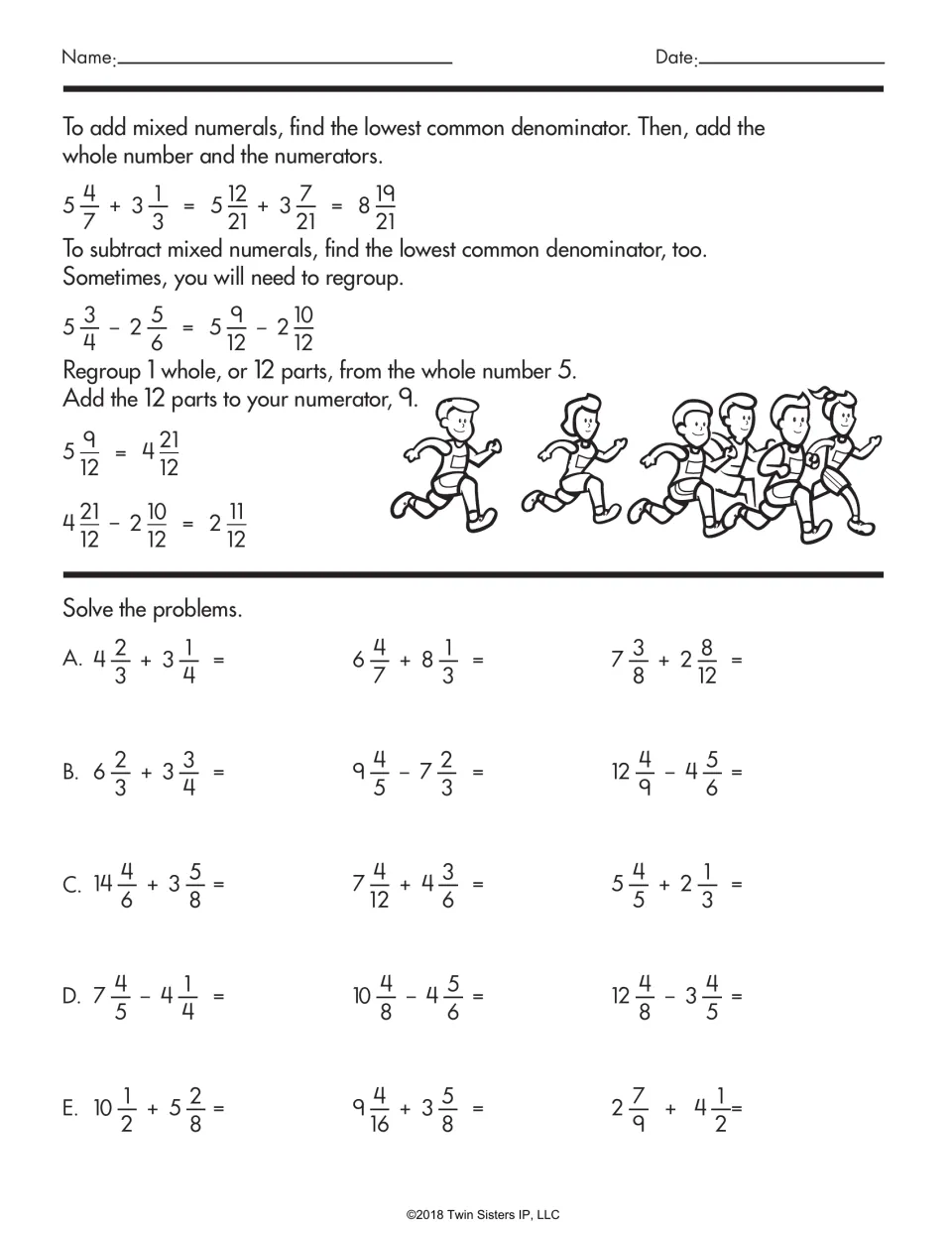 Mixed numbers: worked examples of adding and of subtracting with regrouping, then students solve 15 mixed-number problems