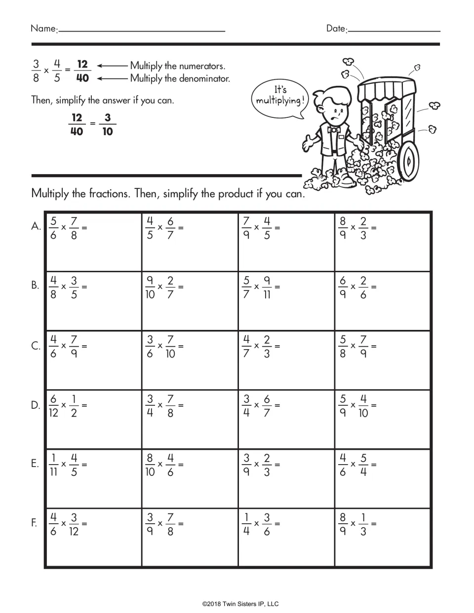Multiplying fractions: a 3/8 x 4/5 example shows multiplying numerators and denominators; students solve 24 and simplify