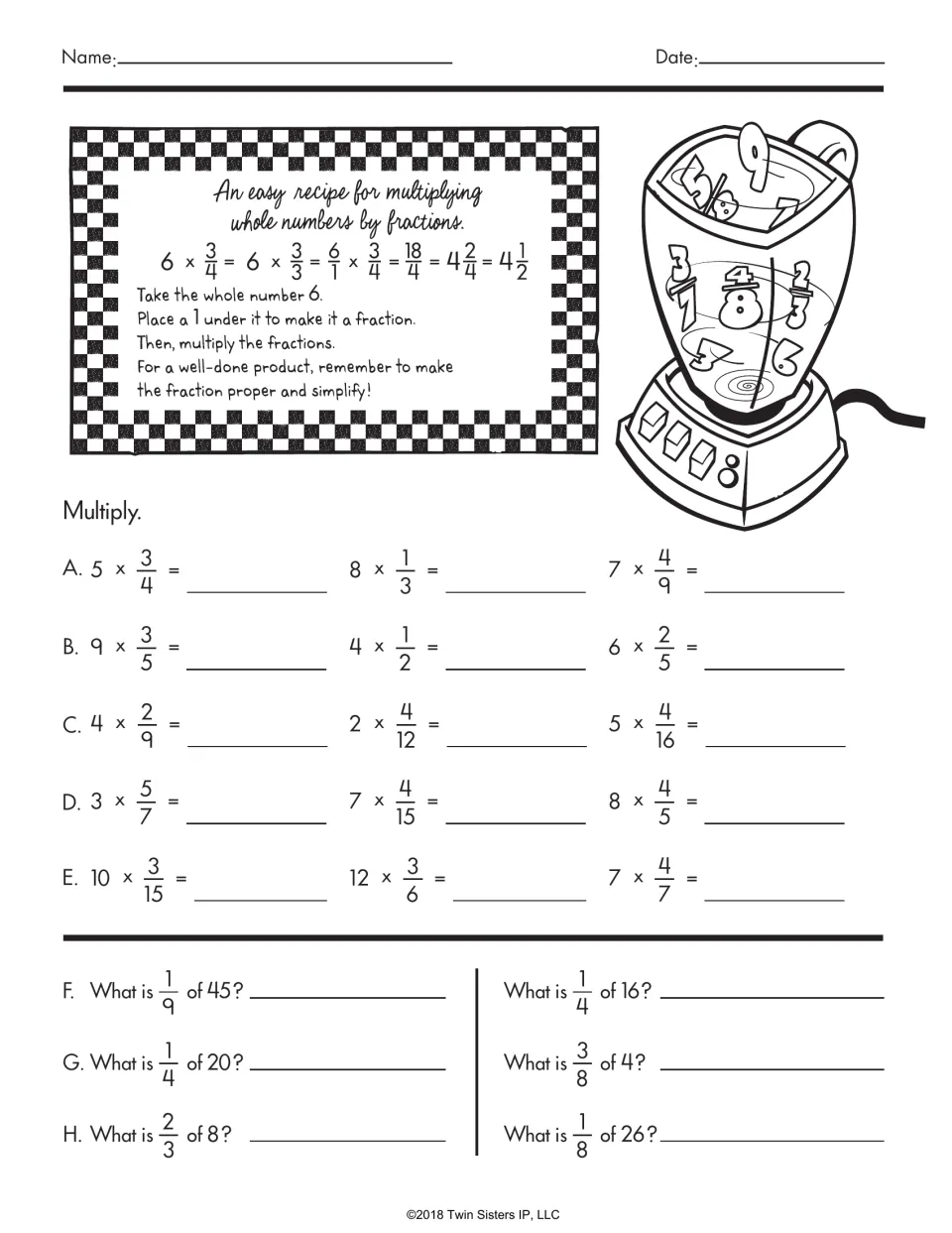 Whole numbers times fractions: a recipe-style example, 15 products like 5 x 3/4, and 6 questions such as What is 1/9 of 45?