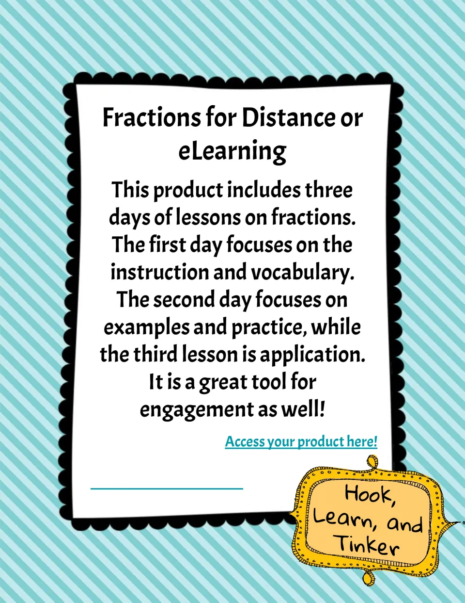 Access page for three fraction lessons: instruction and vocabulary, examples and practice, and application.