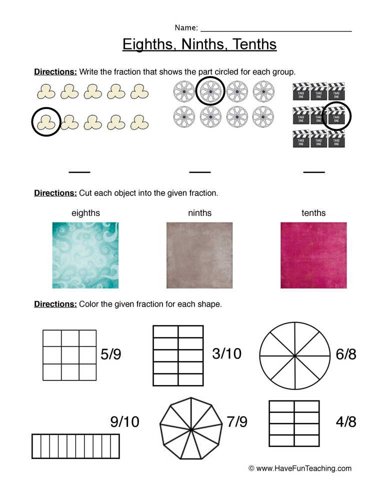 Fractions Eighth Ninth Tenth Worksheet teaching resource preview