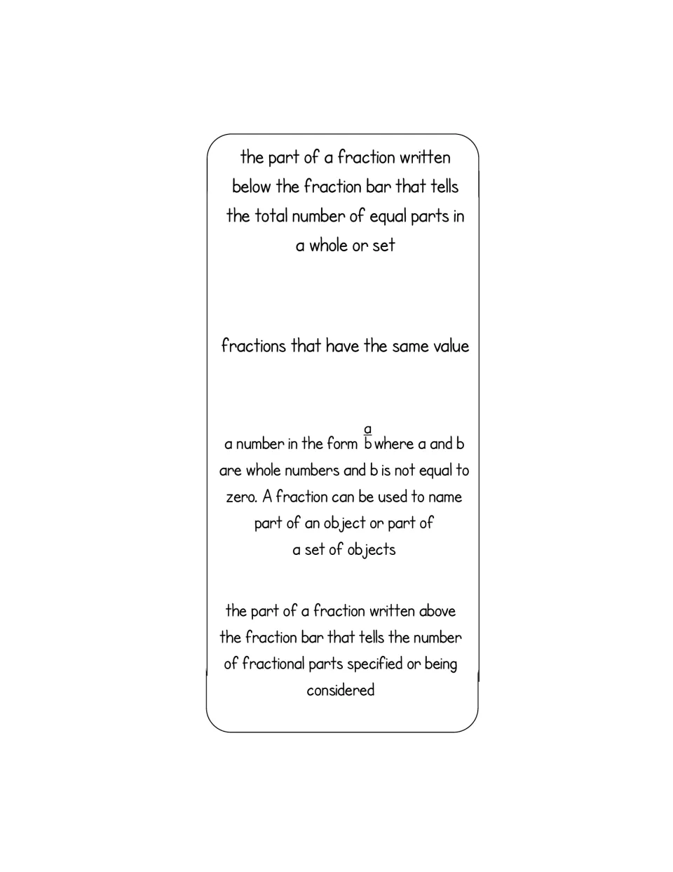 Cut-out strip of four fraction definitions, from denominator to numerator, to glue inside the words foldable