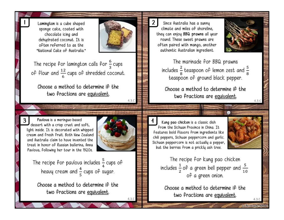 Equivalent fractions recipe cards 1-4: students test lamington, BBQ prawn, pavlova and kung pao chicken amounts