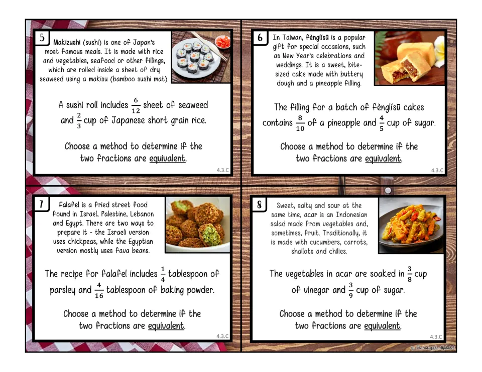 Equivalent fractions recipe cards 5-8: students check sushi, fenglisu, falafel and acar ingredient amounts for equality