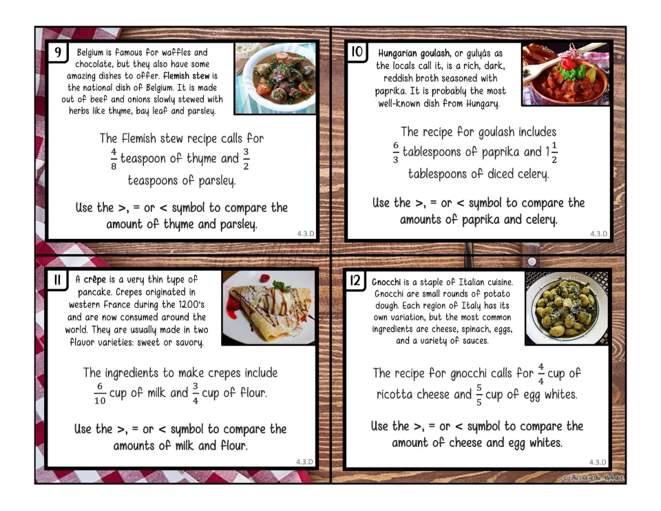 Comparing fractions recipe cards 9-12: students use >, = or < for Flemish stew, goulash, crepe and gnocchi amounts
