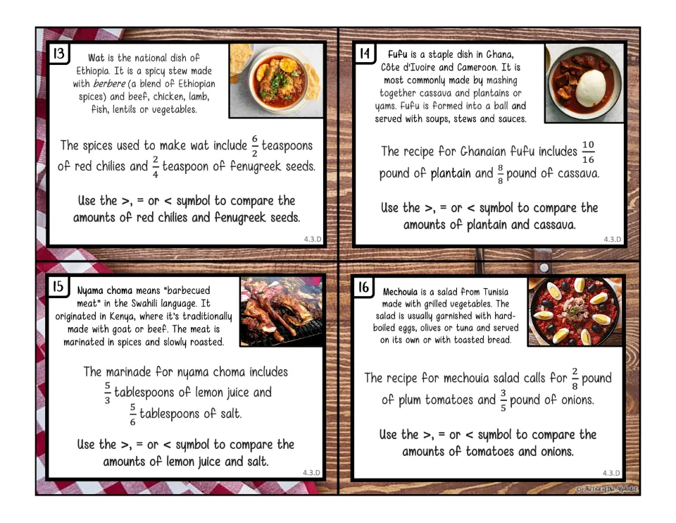 Comparing fractions recipe cards 13-16: students compare wat, fufu, nyama choma and mechouia amounts with >, = or <
