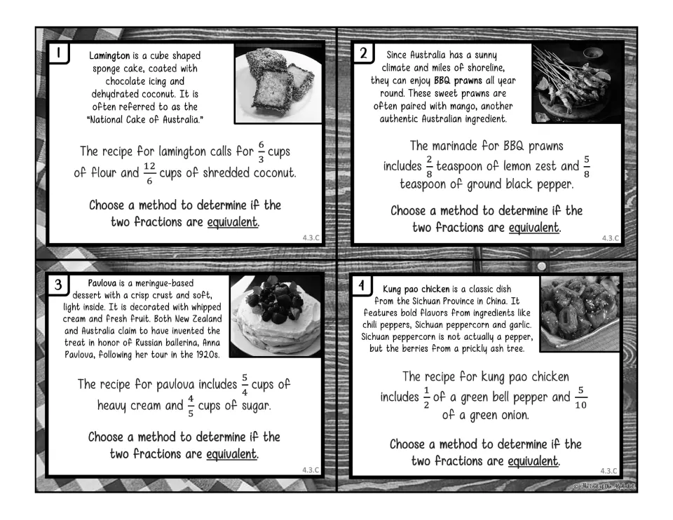 Black-and-white equivalent fractions cards 1-4: students test lamington, prawn, pavlova and kung pao recipe fractions