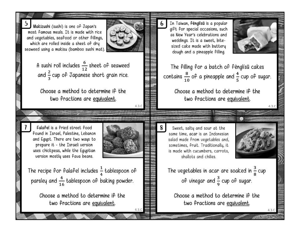 Black-and-white equivalent fractions cards 5-8: students decide if sushi, fenglisu, falafel and acar fractions are equal