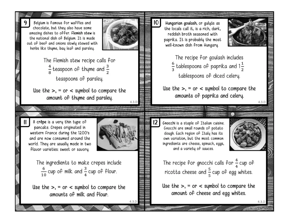 Black-and-white comparing fractions cards 9-12: students use >, = or < for stew, goulash, crepe and gnocchi recipes