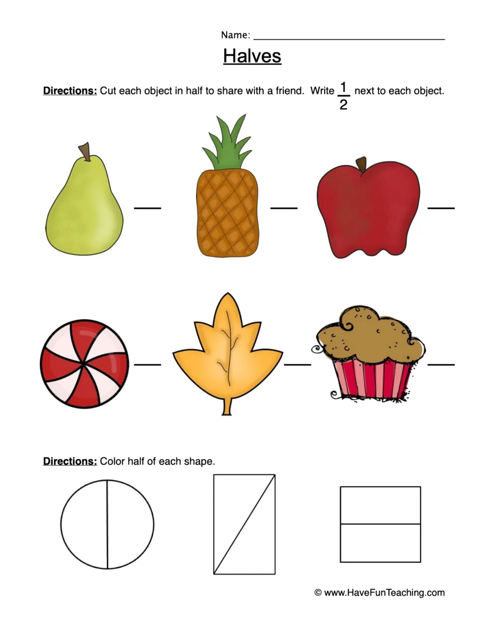 Halves practice: divide six pictured objects into halves, write 1/2, and color half of three shapes.
