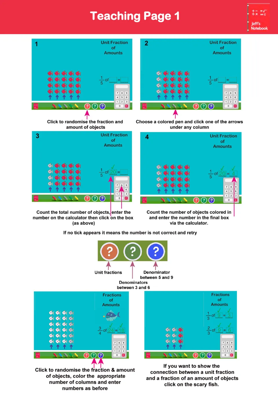 Teaching Page 1 instructions: randomize fractions, color sets of fish, and enter answers using a calculator