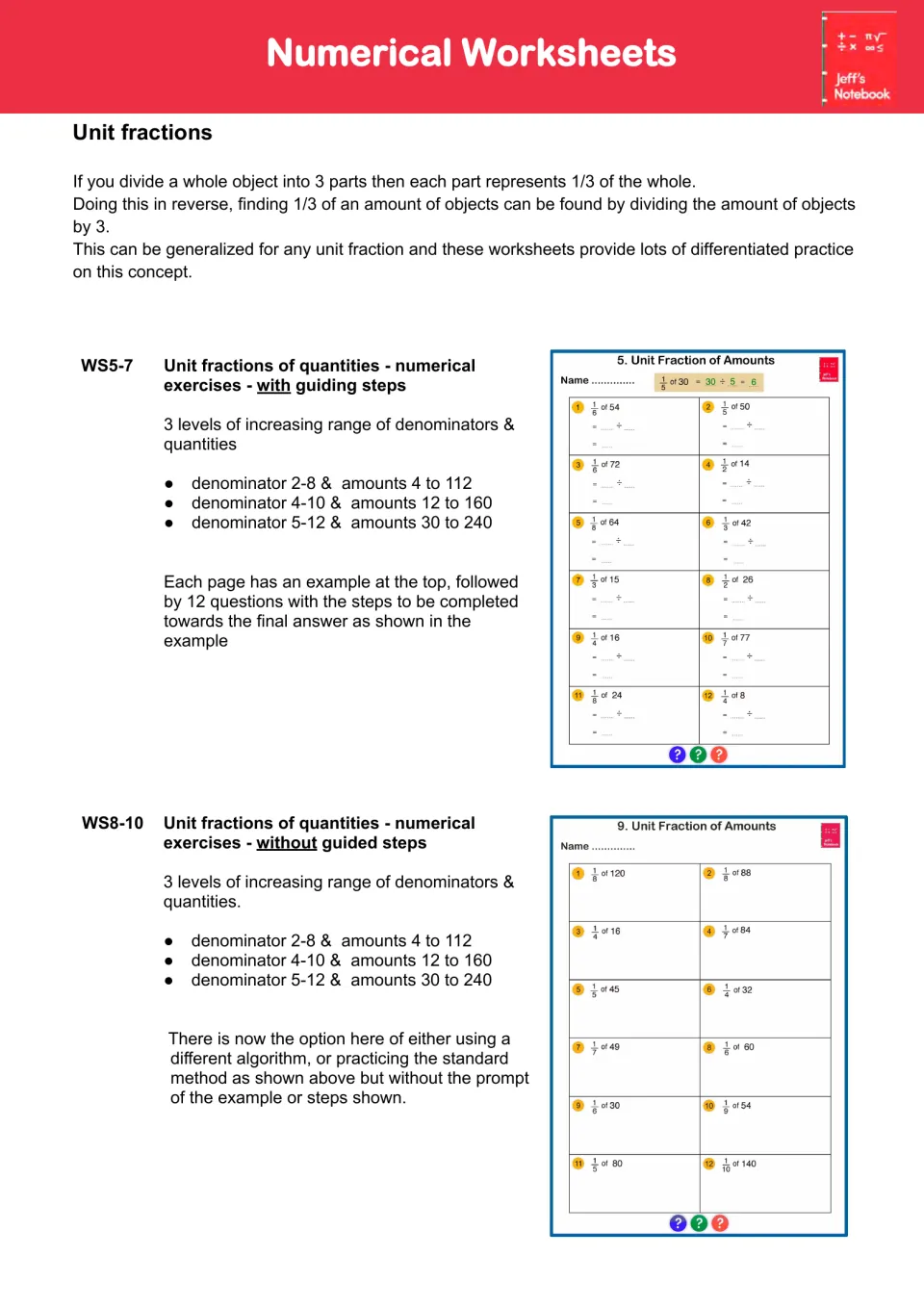 Guide to unit fraction worksheet sets 5–10: three difficulty levels, with and without guided division steps