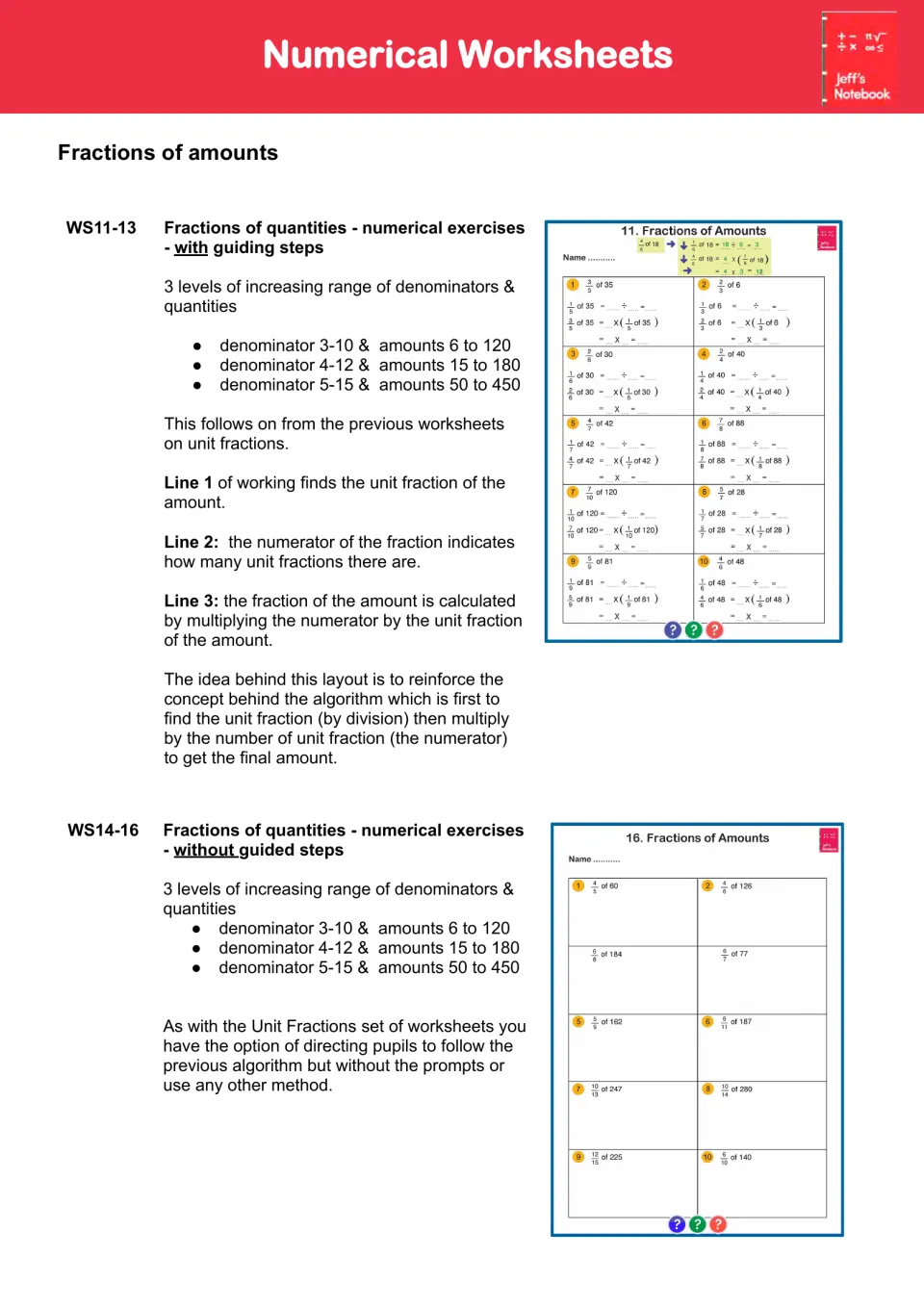 Guide to worksheet sets 11–16: find fractions of quantities by dividing, then multiplying by the numerator