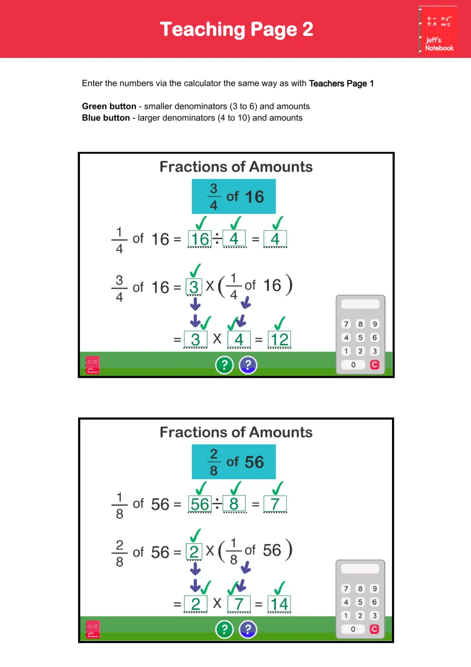 Teaching Page 2 instructions show calculator entry and worked examples of 3/4 of 16 = 12 and 2/8 of 56 = 14