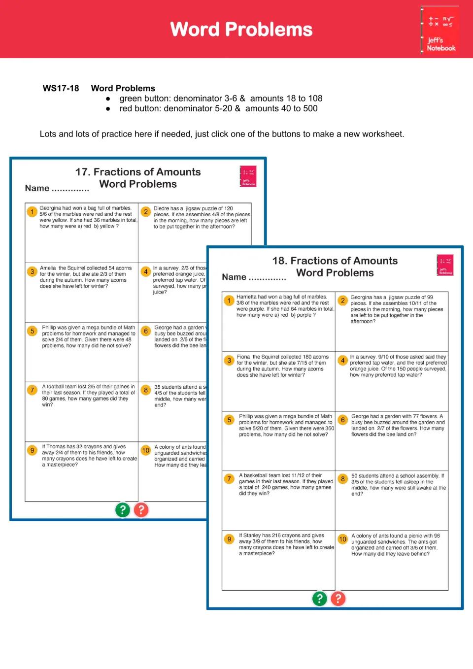 Guide to word problem worksheet sets 17–18: ten problems per sheet, with buttons to generate new practice