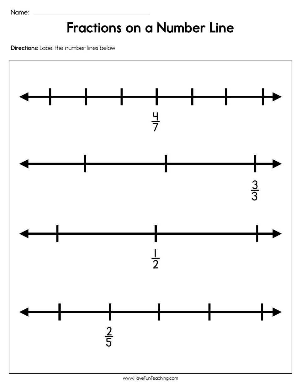 Fractions on a number line: students label four lines in sevenths, thirds, halves and fifths from one given fraction