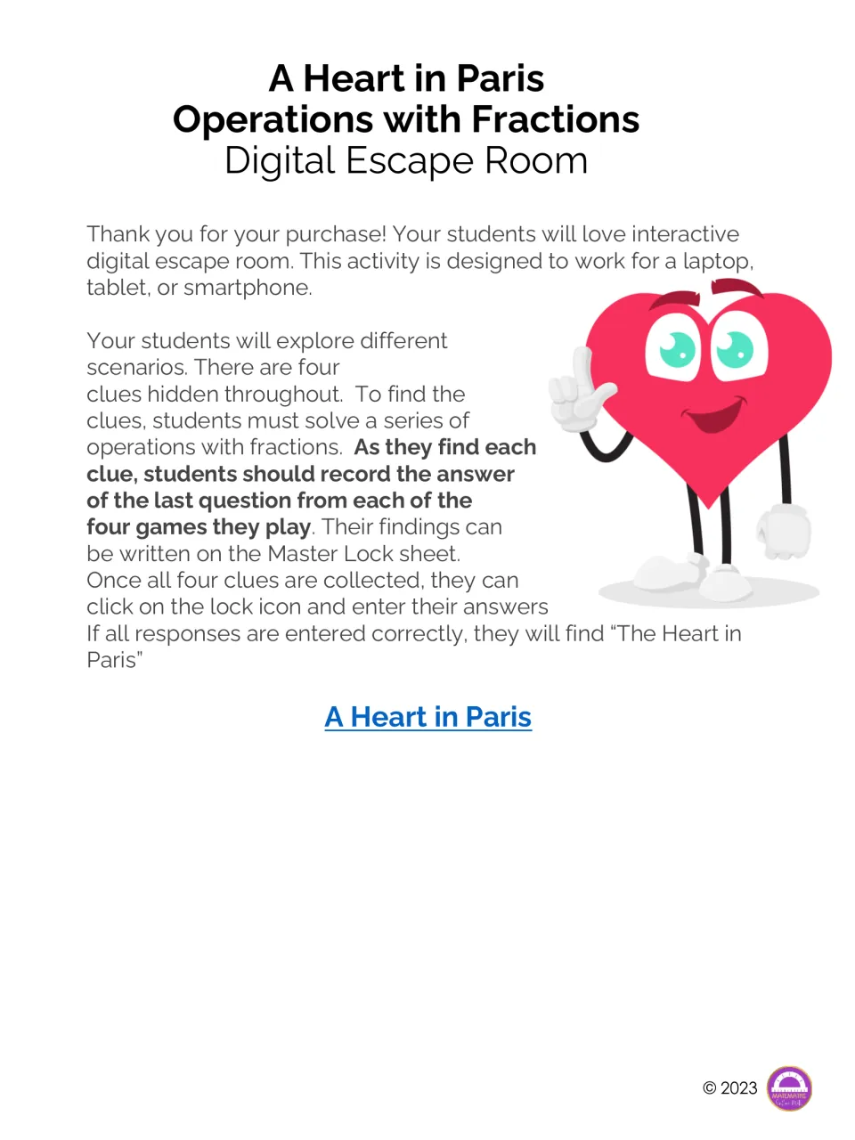 Operations with fractions digital escape room cover: directions to solve fraction games, find 4 clues and open the lock