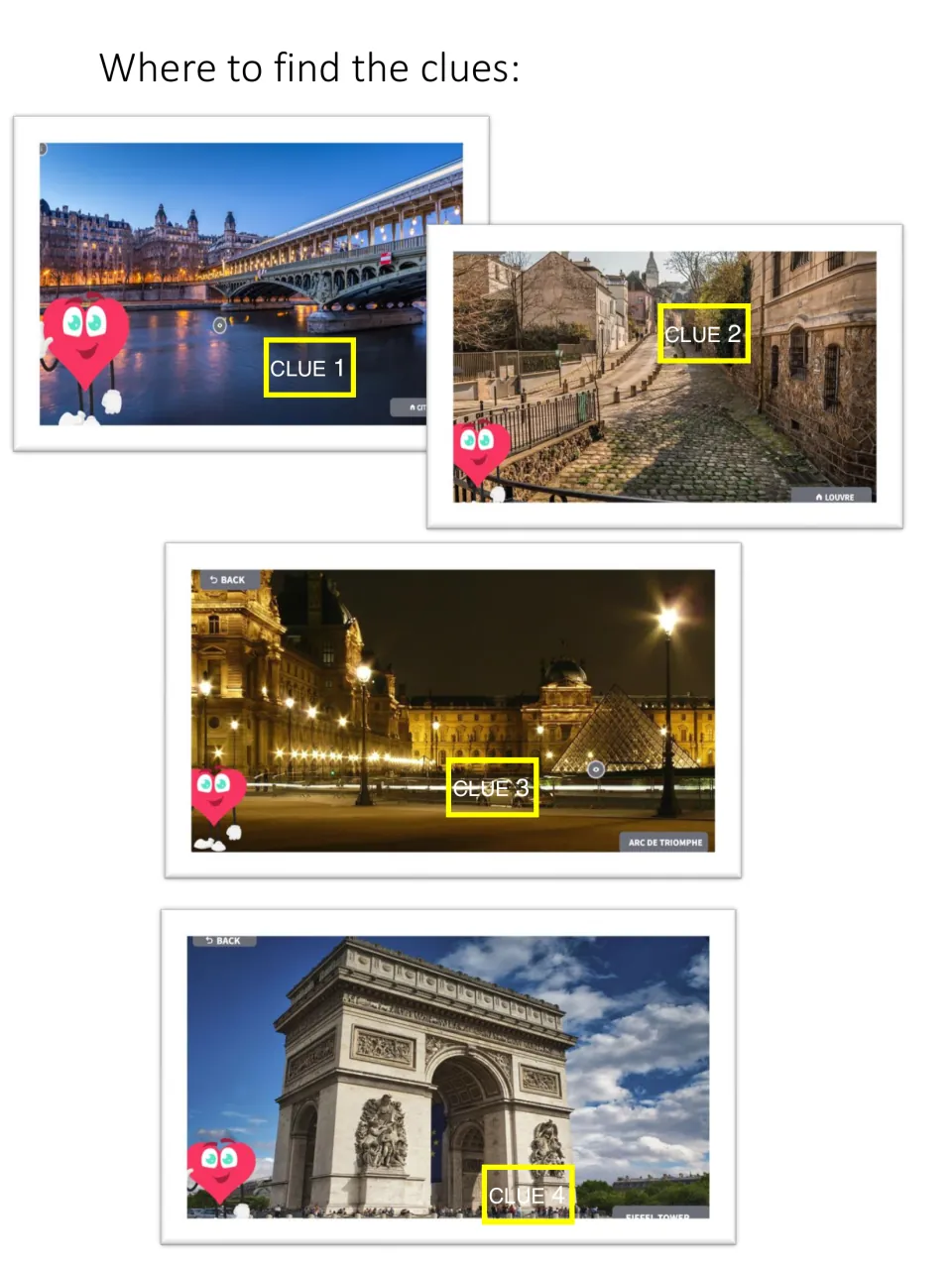 Where to find the clues: four Paris screenshots, bridge, cobbled street, Louvre and Arc de Triomphe, each marking a clue