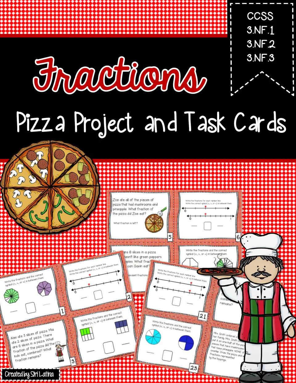 Cover: Fractions Pizza Project and Task Cards, showing an 8-slice topped pizza, sample fraction task cards and a chef