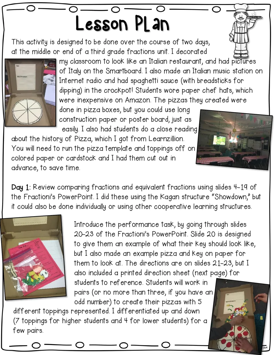Lesson plan, day 1: set up a pizza restaurant, review comparing and equivalent fractions, then pairs make topping pizzas