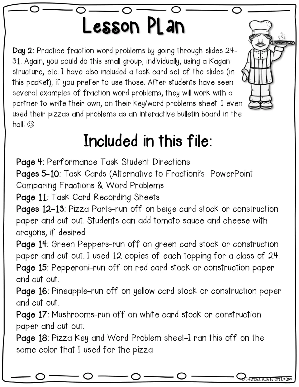 Lesson plan, day 2: pairs write fraction word problems, plus a list of included pages from task cards to topping cut-outs