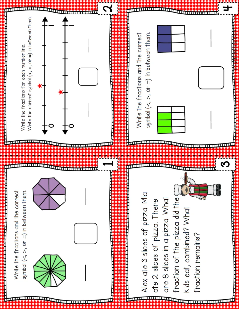 Task cards 1-4: compare fractions on shaded shapes and number lines with <, >, = and solve a pizza slices word problem