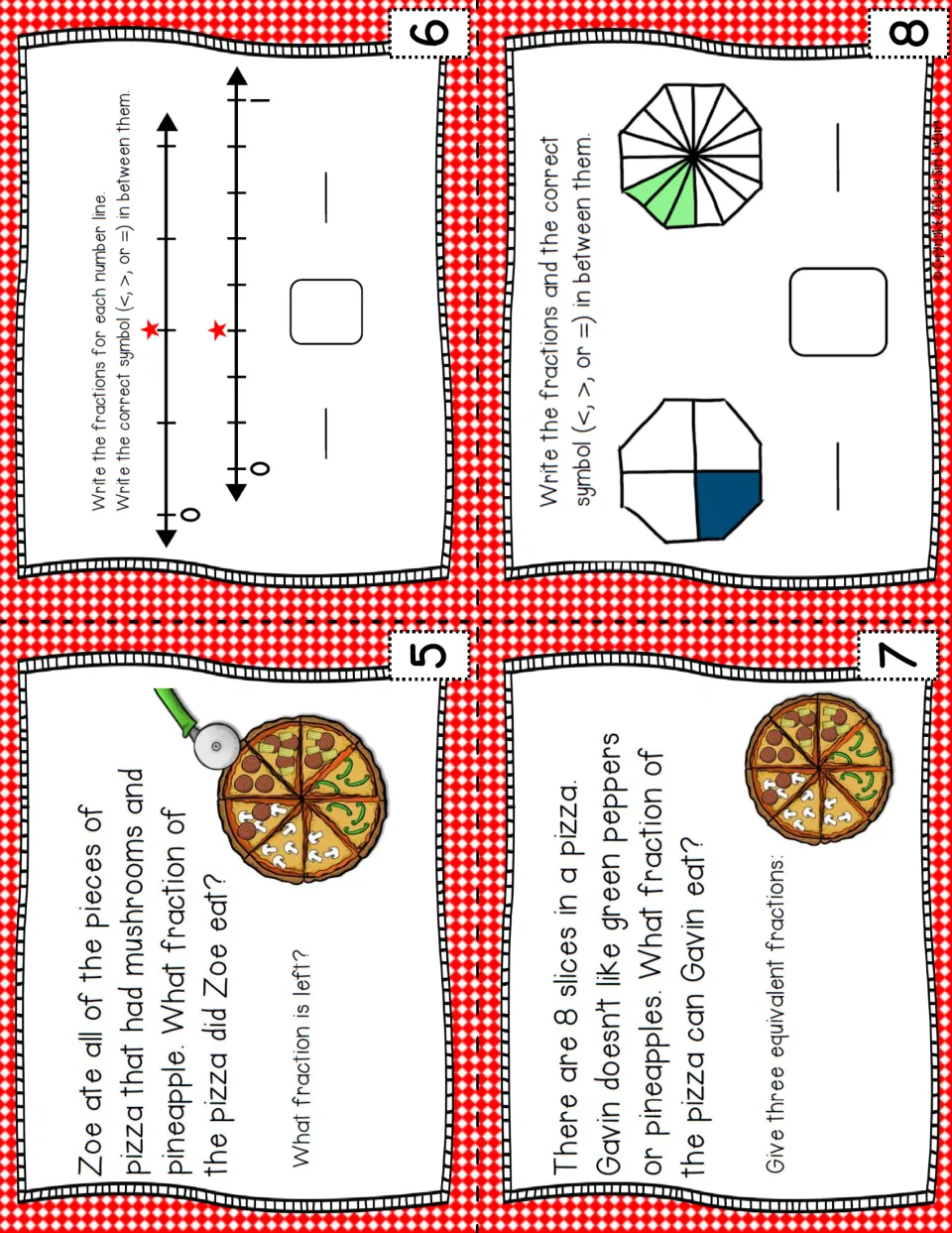 Task cards 5-8: pizza topping word problems with equivalent fractions, plus comparing fractions on number lines and shapes