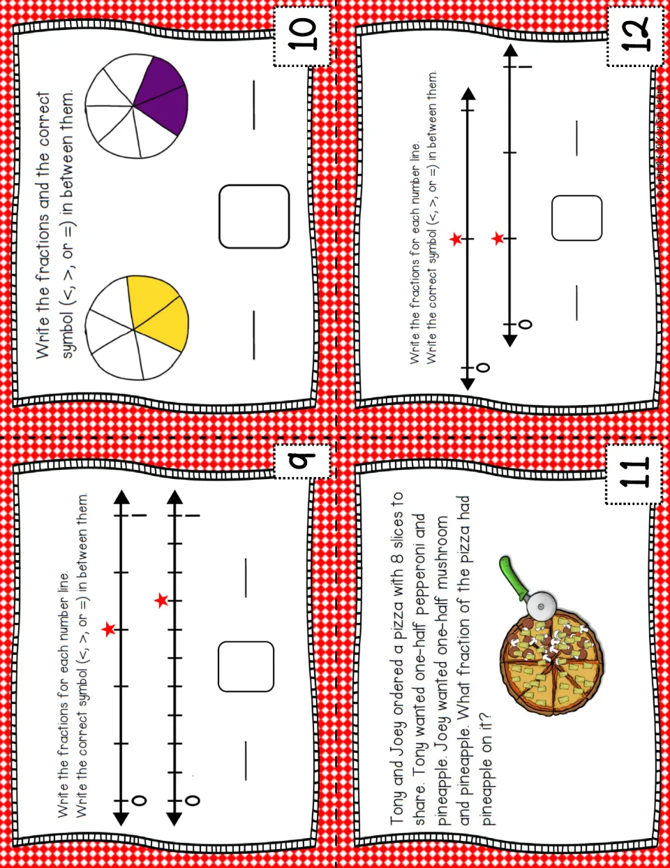 Task cards 9-12: compare fractions on number lines and shaded circles, and find the pineapple fraction of a shared pizza