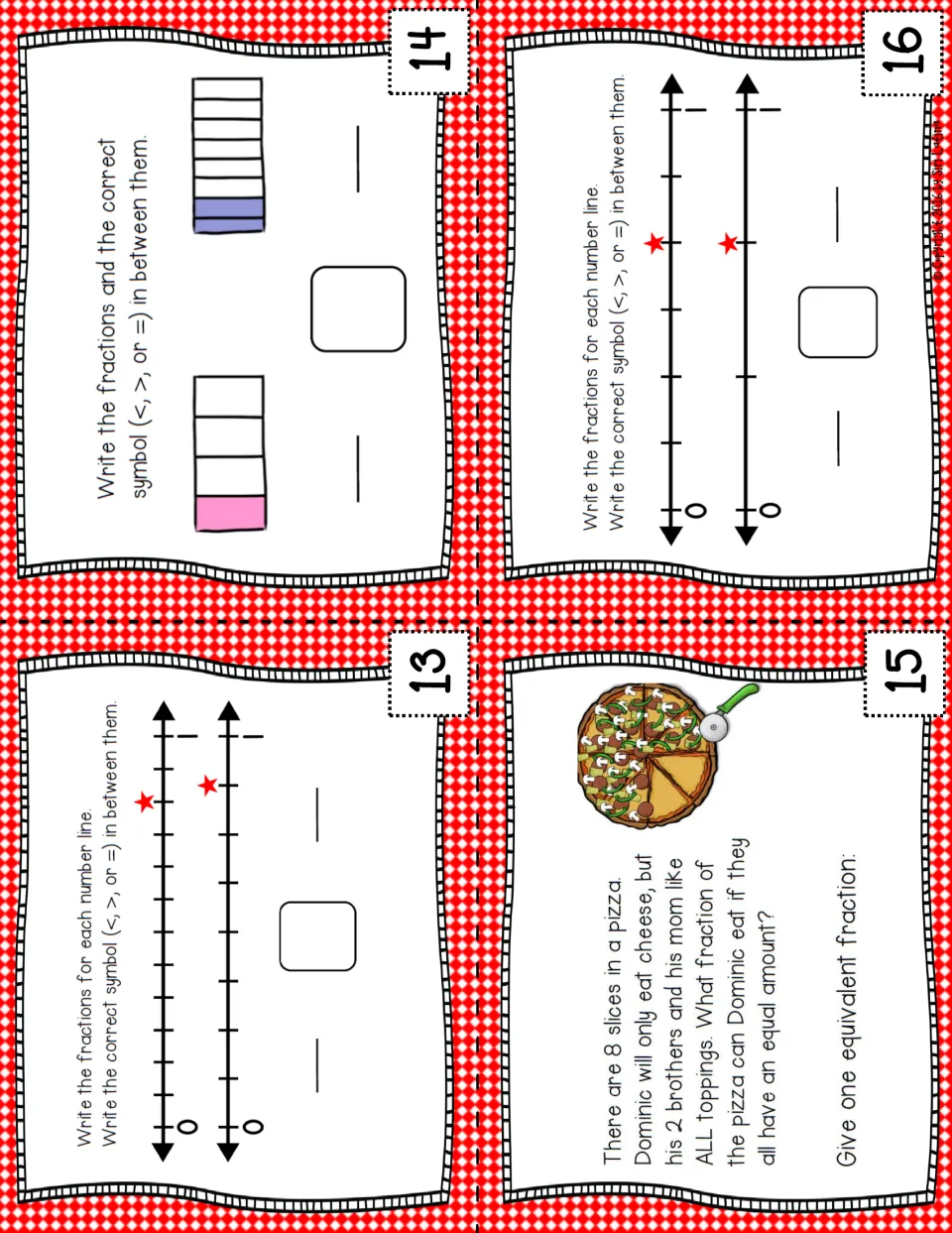 Task cards 13-16: compare fractions on number lines and fraction bars, and share a pizza equally with an equivalent fraction