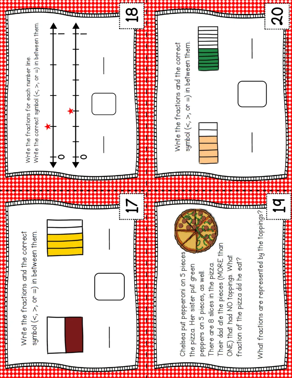 Task cards 17-20: compare shaded fraction bars and number line points, and name topping fractions in a pizza word problem