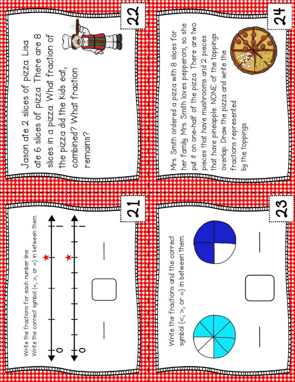 Task cards 21-24: compare fractions on number lines and circles, solve a slices-eaten problem and draw a topped pizza